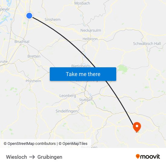 Wiesloch to Gruibingen map