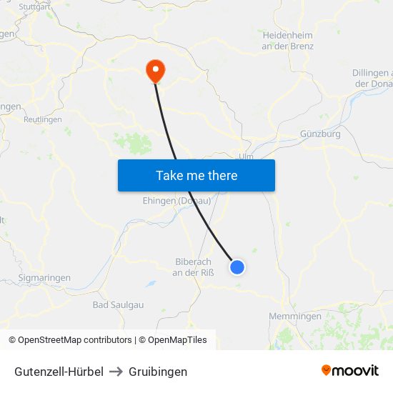 Gutenzell-Hürbel to Gruibingen map