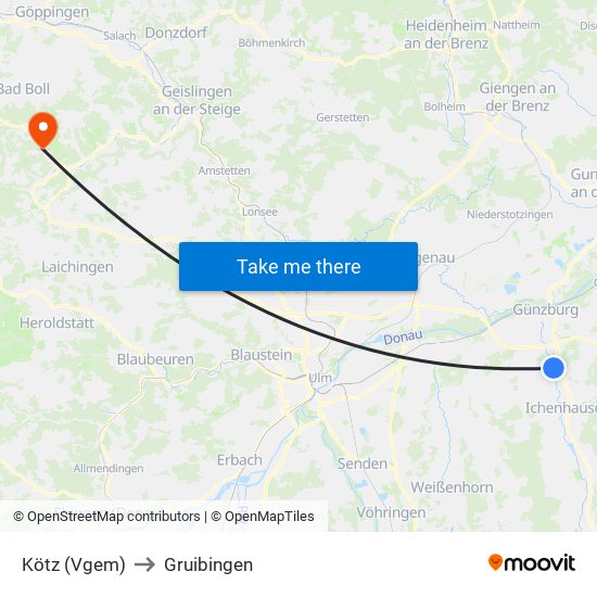 Kötz (Vgem) to Gruibingen map