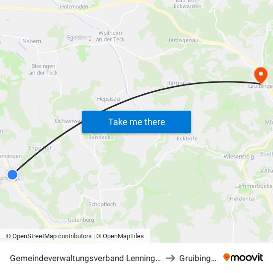 Gemeindeverwaltungsverband Lenningen to Gruibingen map