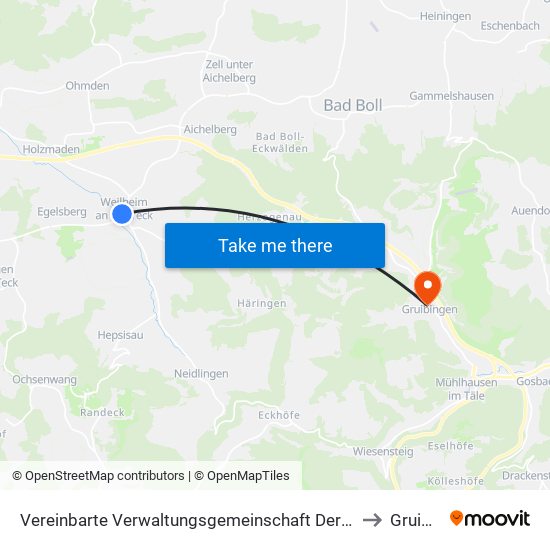 Vereinbarte Verwaltungsgemeinschaft Der Stadt Weilheim An Der Teck to Gruibingen map