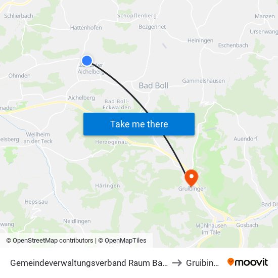 Gemeindeverwaltungsverband Raum Bad Boll to Gruibingen map