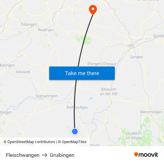 Fleischwangen to Gruibingen map