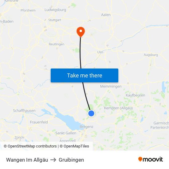 Wangen Im Allgäu to Gruibingen map
