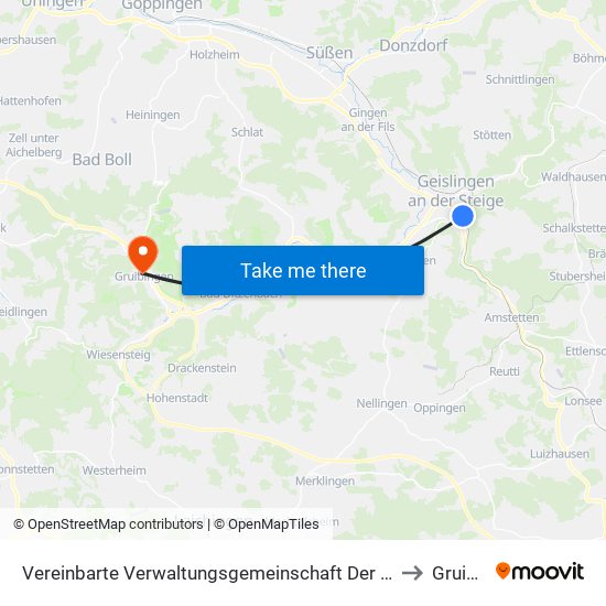 Vereinbarte Verwaltungsgemeinschaft Der Stadt Geislingen An Der Steige to Gruibingen map