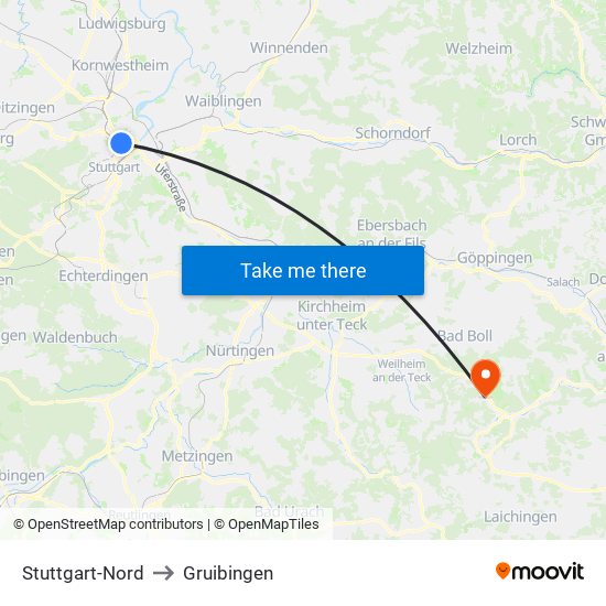 Stuttgart-Nord to Gruibingen map