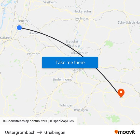 Untergrombach to Gruibingen map