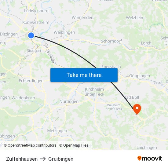 Zuffenhausen to Gruibingen map