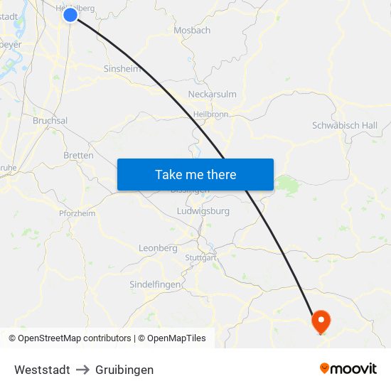 Weststadt to Gruibingen map