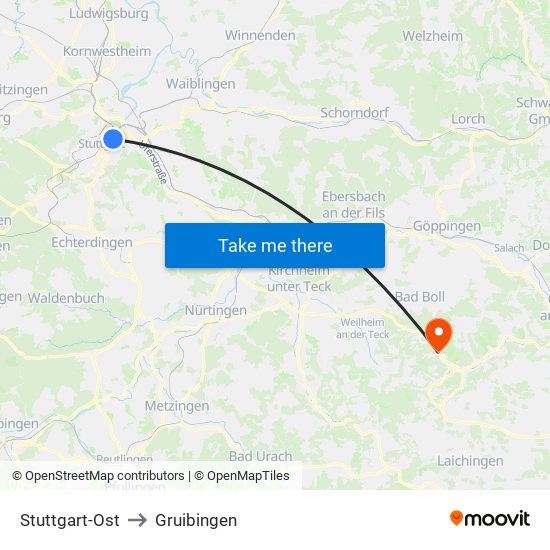 Stuttgart-Ost to Gruibingen map