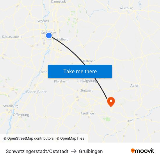 Schwetzingerstadt/Oststadt to Gruibingen map