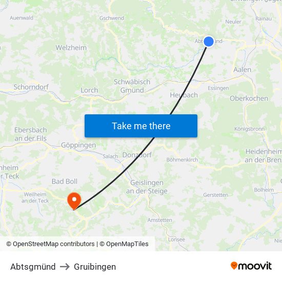 Abtsgmünd to Gruibingen map