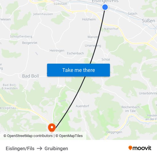 Eislingen/Fils to Gruibingen map