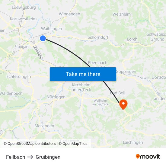 Fellbach to Gruibingen map