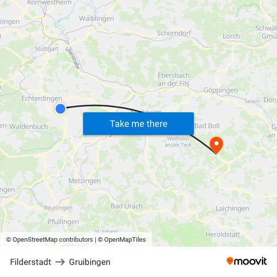 Filderstadt to Gruibingen map