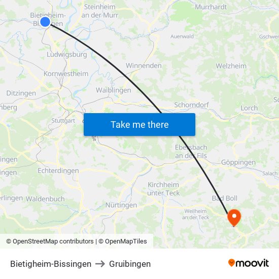 Bietigheim-Bissingen to Gruibingen map