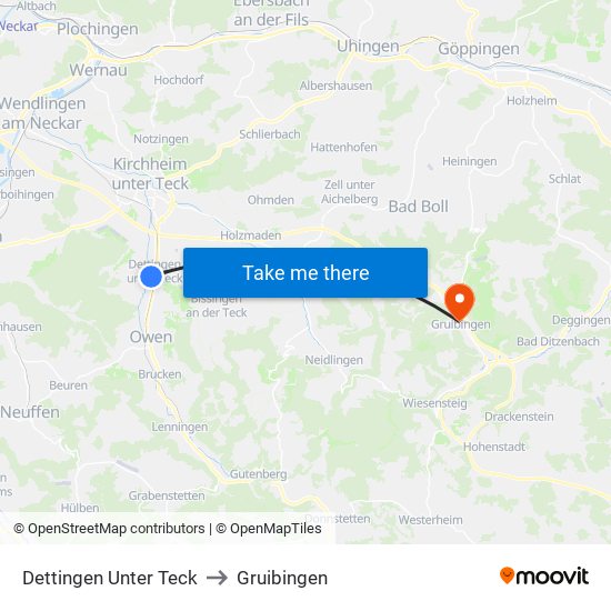Dettingen Unter Teck to Gruibingen map