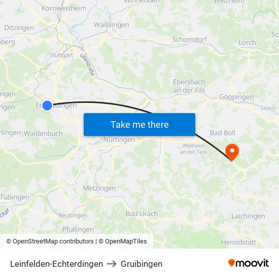 Leinfelden-Echterdingen to Gruibingen map