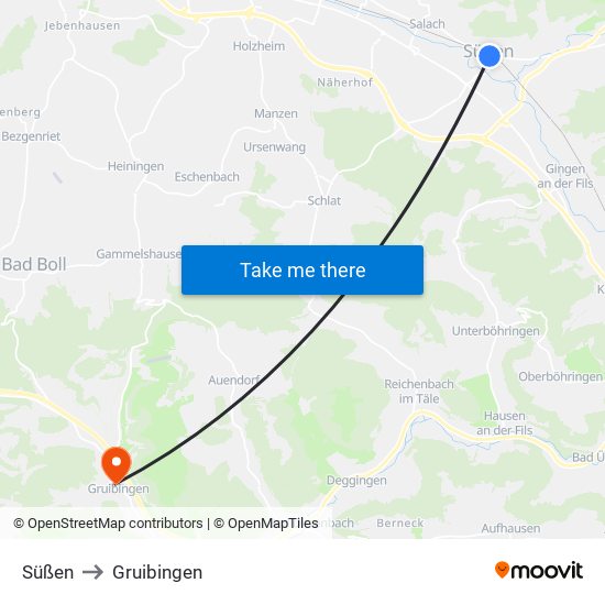 Süßen to Gruibingen map