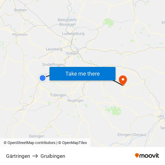 Gärtringen to Gruibingen map