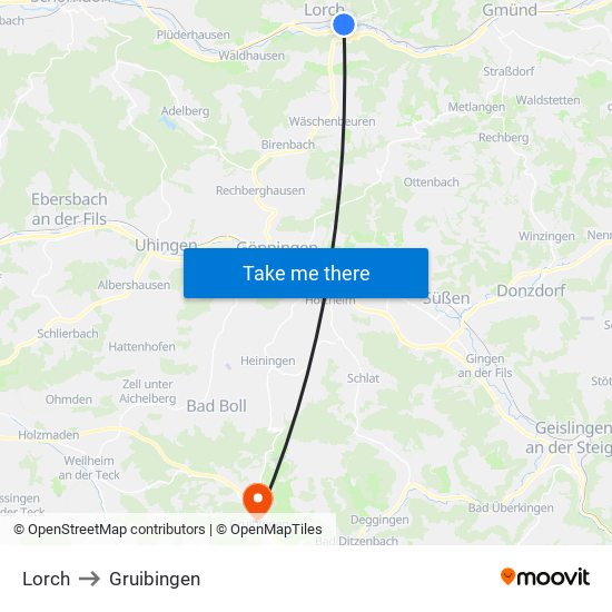 Lorch to Gruibingen map