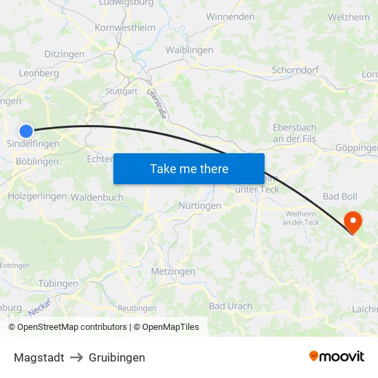 Magstadt to Gruibingen map