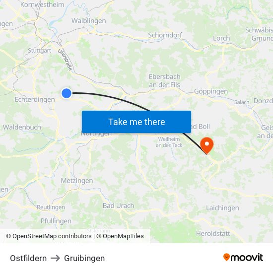 Ostfildern to Gruibingen map