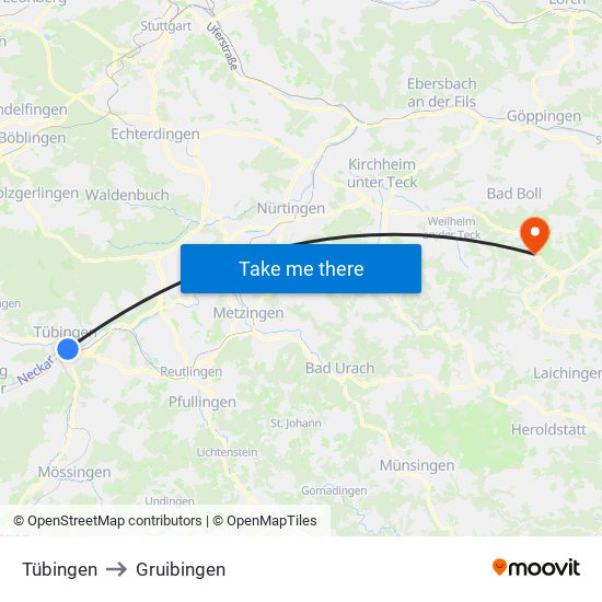Tübingen to Gruibingen map