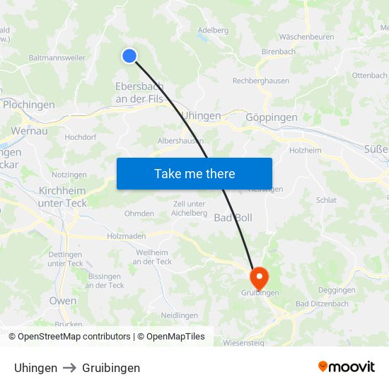 Uhingen to Gruibingen map