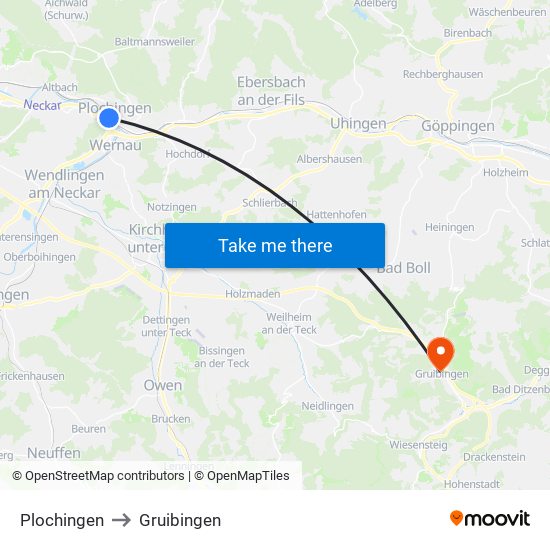 Plochingen to Gruibingen map