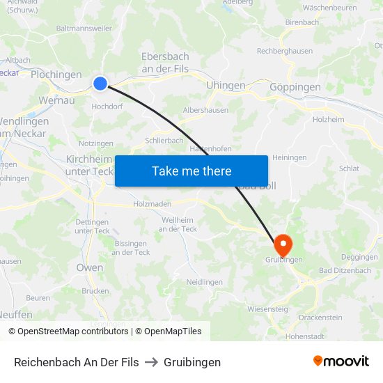 Reichenbach An Der Fils to Gruibingen map