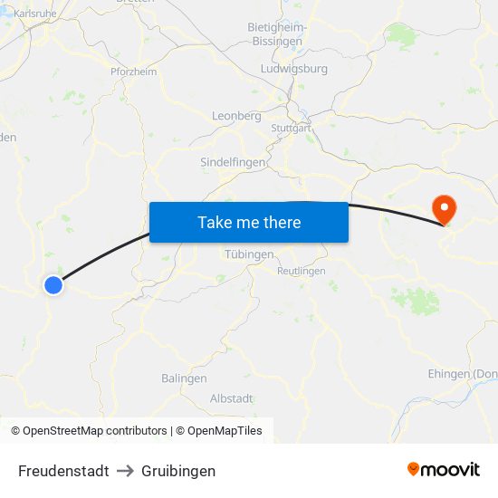 Freudenstadt to Gruibingen map