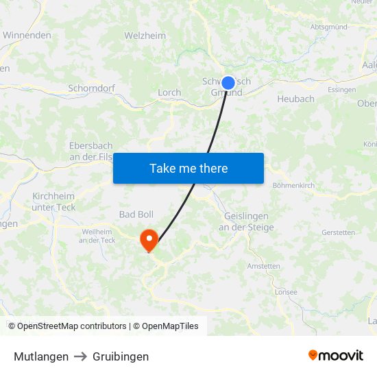 Mutlangen to Gruibingen map