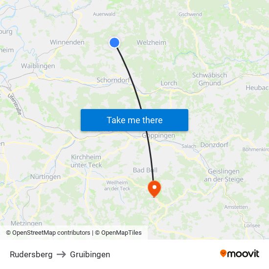 Rudersberg to Gruibingen map
