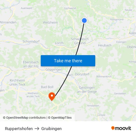 Ruppertshofen to Gruibingen map