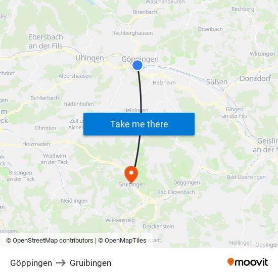 Göppingen to Gruibingen map