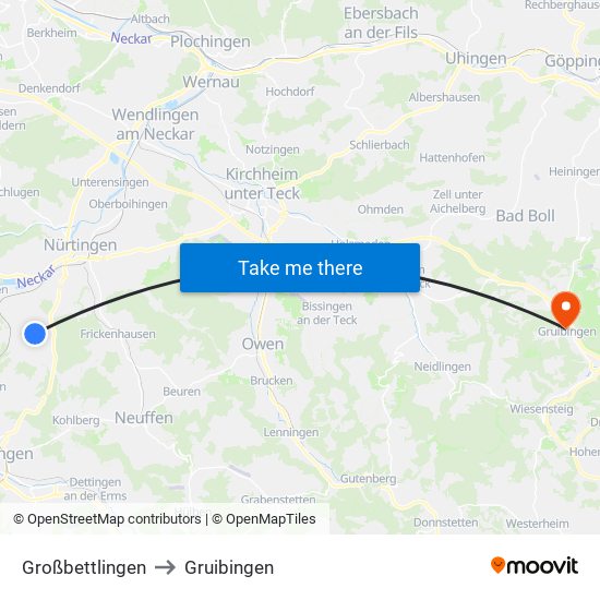 Großbettlingen to Gruibingen map