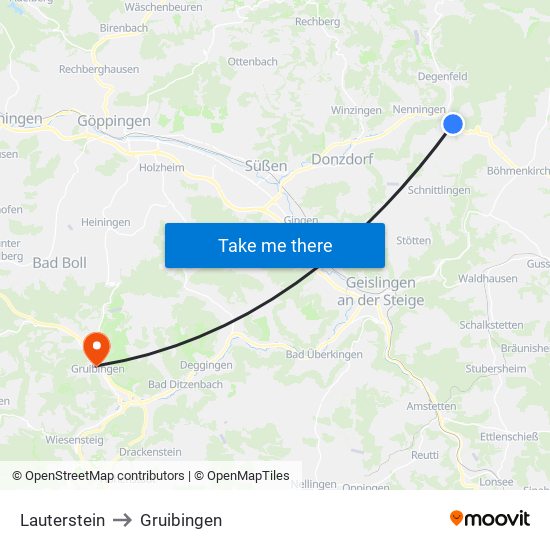 Lauterstein to Gruibingen map