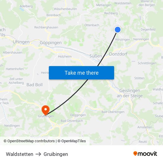 Waldstetten to Gruibingen map