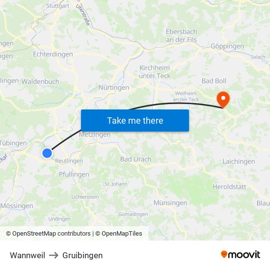Wannweil to Gruibingen map