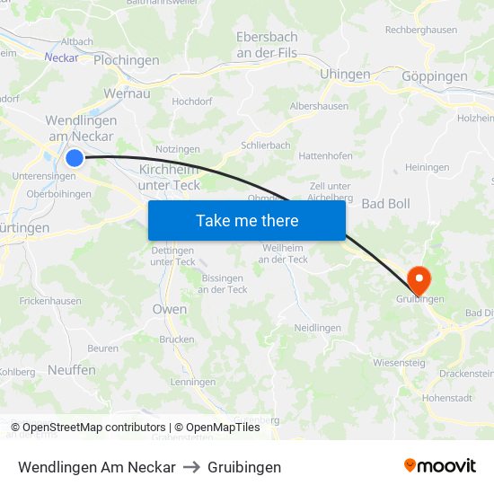 Wendlingen Am Neckar to Gruibingen map