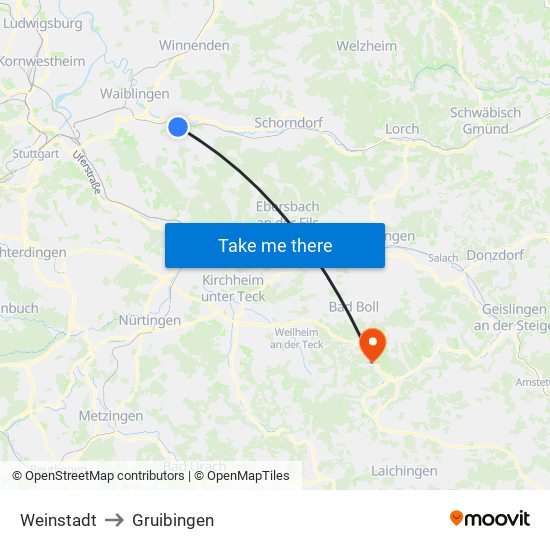 Weinstadt to Gruibingen map