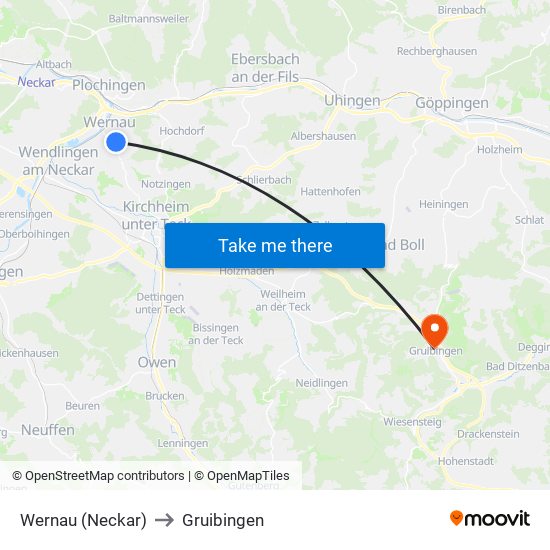 Wernau (Neckar) to Gruibingen map