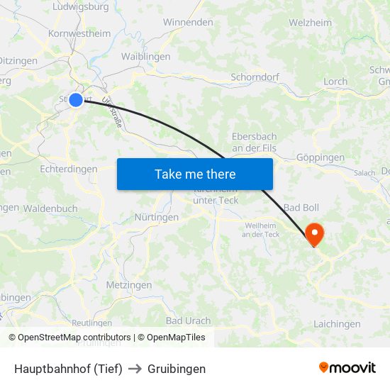 Hauptbahnhof (Tief) to Gruibingen map