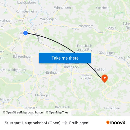 Stuttgart Hauptbahnhof (Oben) to Gruibingen map