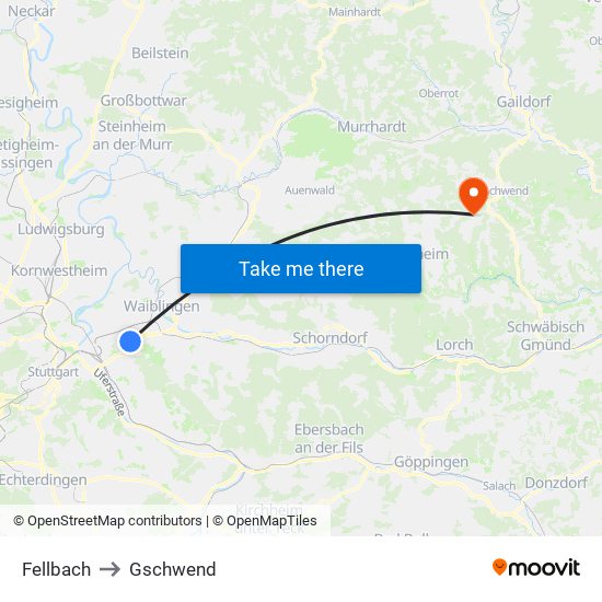 Fellbach to Gschwend map