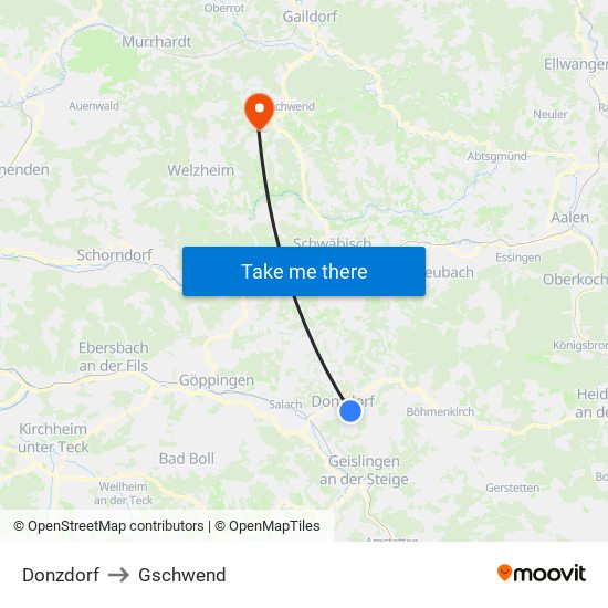 Donzdorf to Gschwend map
