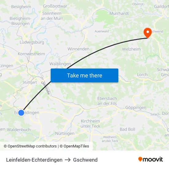 Leinfelden-Echterdingen to Gschwend map