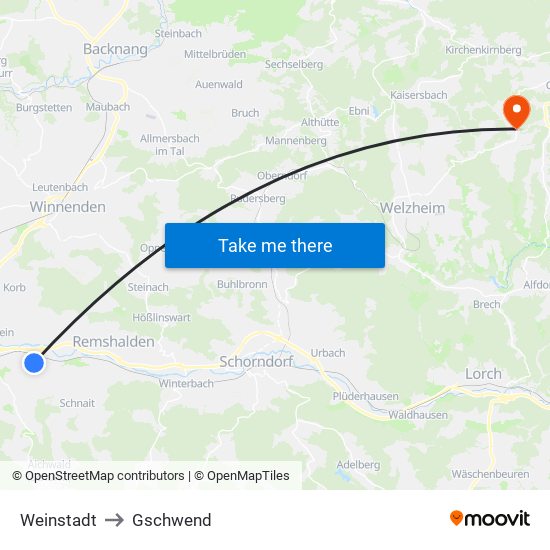 Weinstadt to Gschwend map