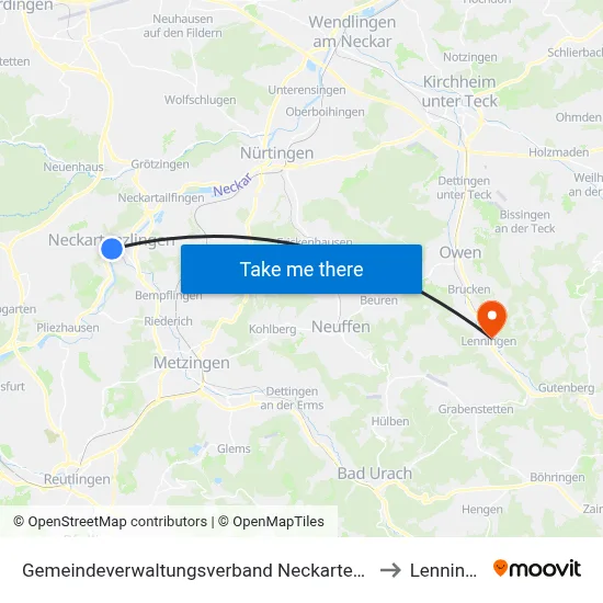 Gemeindeverwaltungsverband Neckartenzlingen to Lenningen map